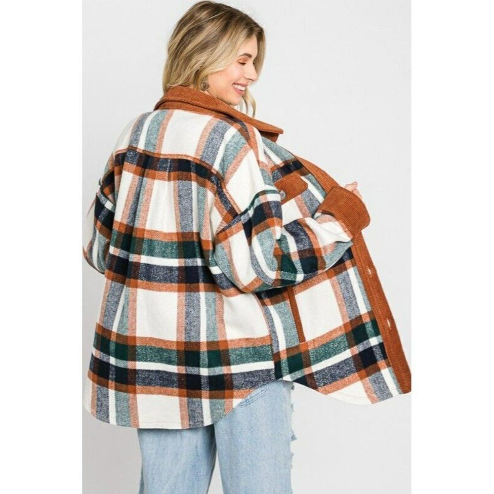 GeeGee Clothing Plaid Button Up Shirt Jacket Shacket Camel Combo S-L SJ1798 - Picture 4 of 5